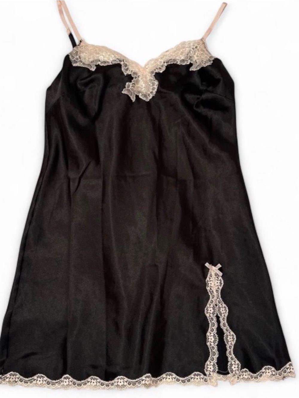 Victoria's Secret Vintage Black Dress Slip with Cream Lace Trim